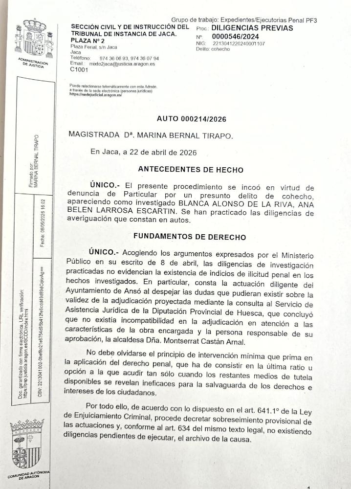 Imagen La Justicia archiva la infundada denuncia de VOX contra la alcaldesa y la secretaria del Ayuntamiento de Ansó