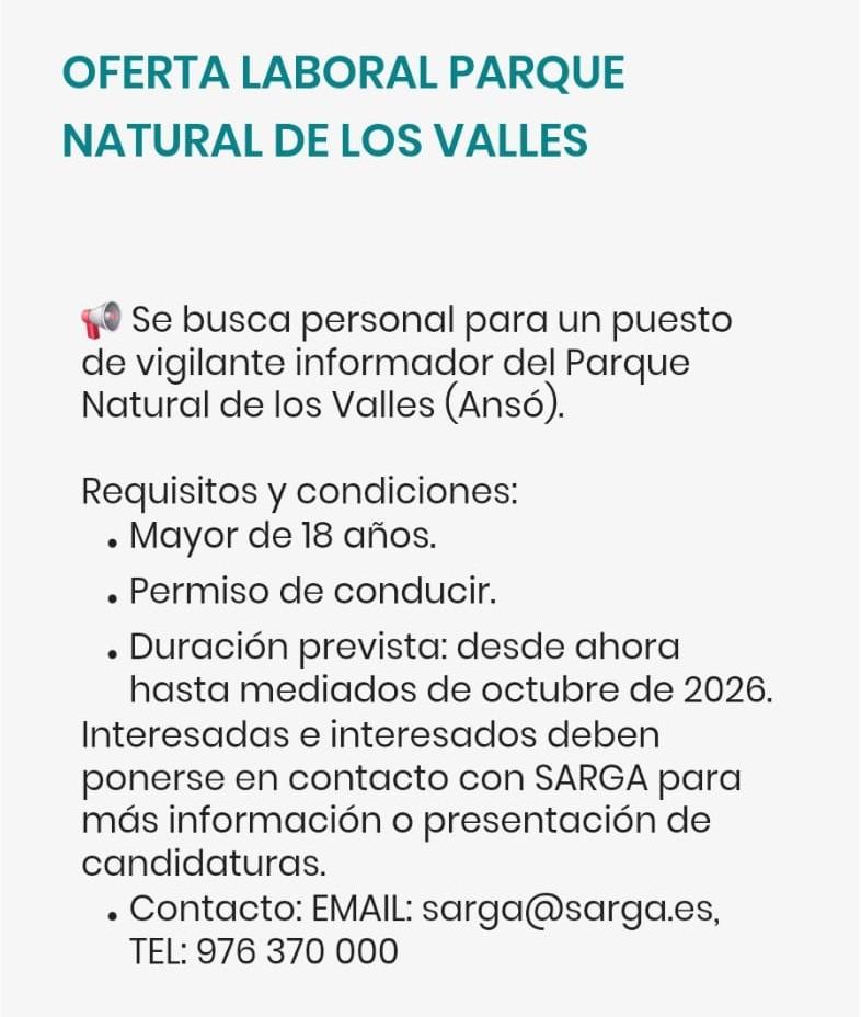 Imagen Oferta laboral en el Parque Natural de Los Valles